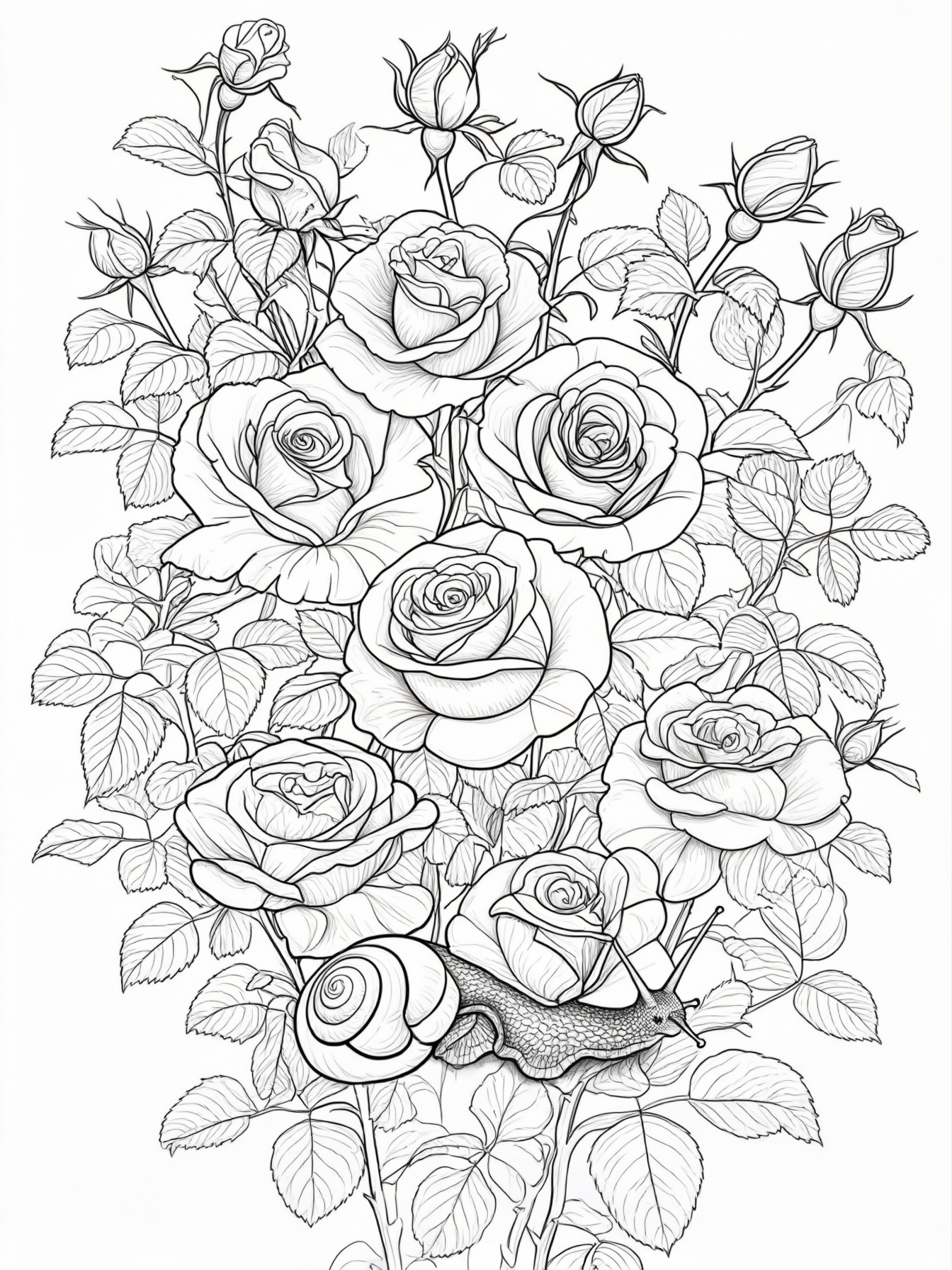 An intricate rose bush with a garden snail slowly making its way across the leaves.