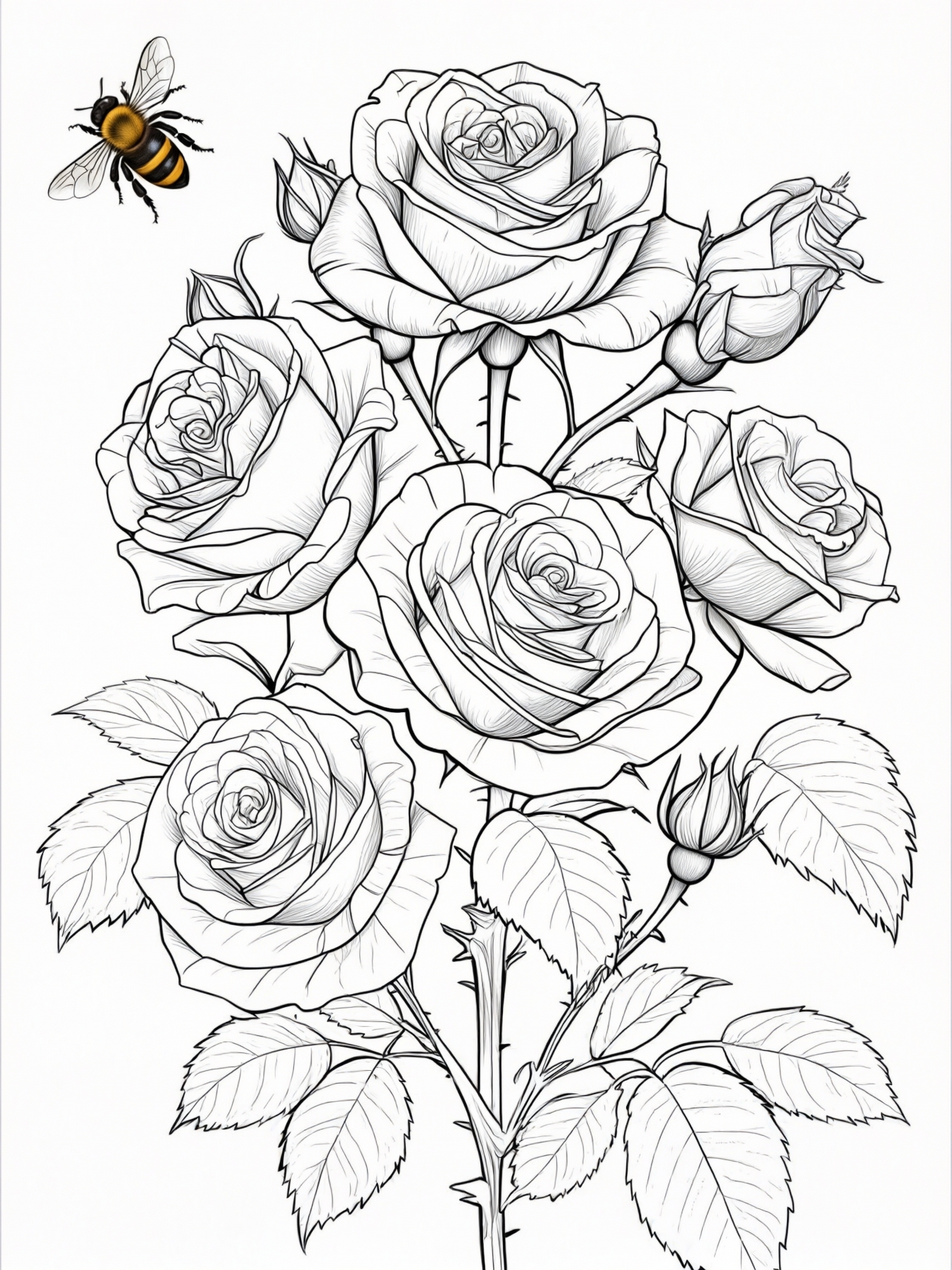 A rose bush with several large roses in full bloom, surrounded by a few buzzing bees.