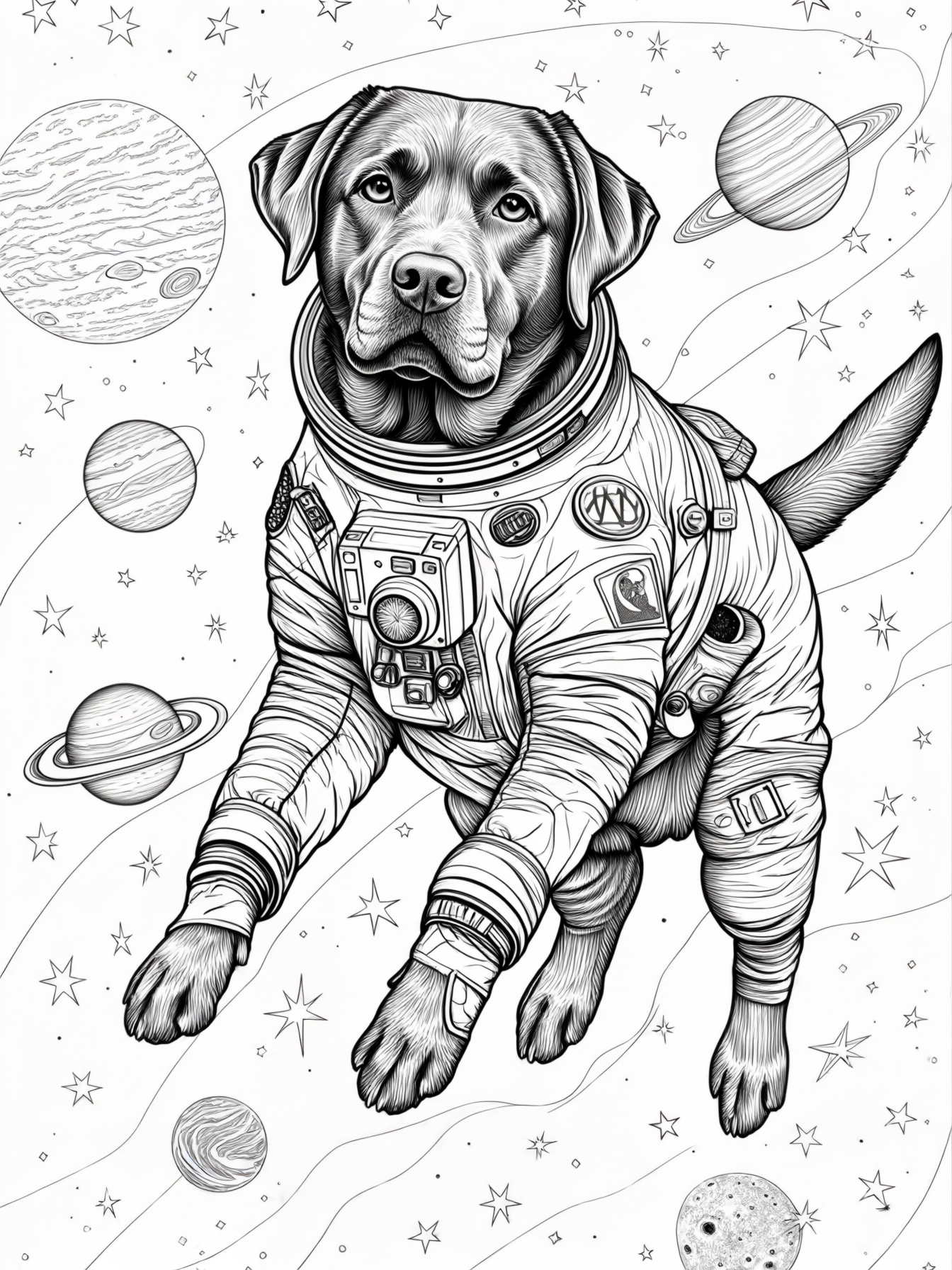 A chocolate Labrador in a spacesuit floating among planets and stars.