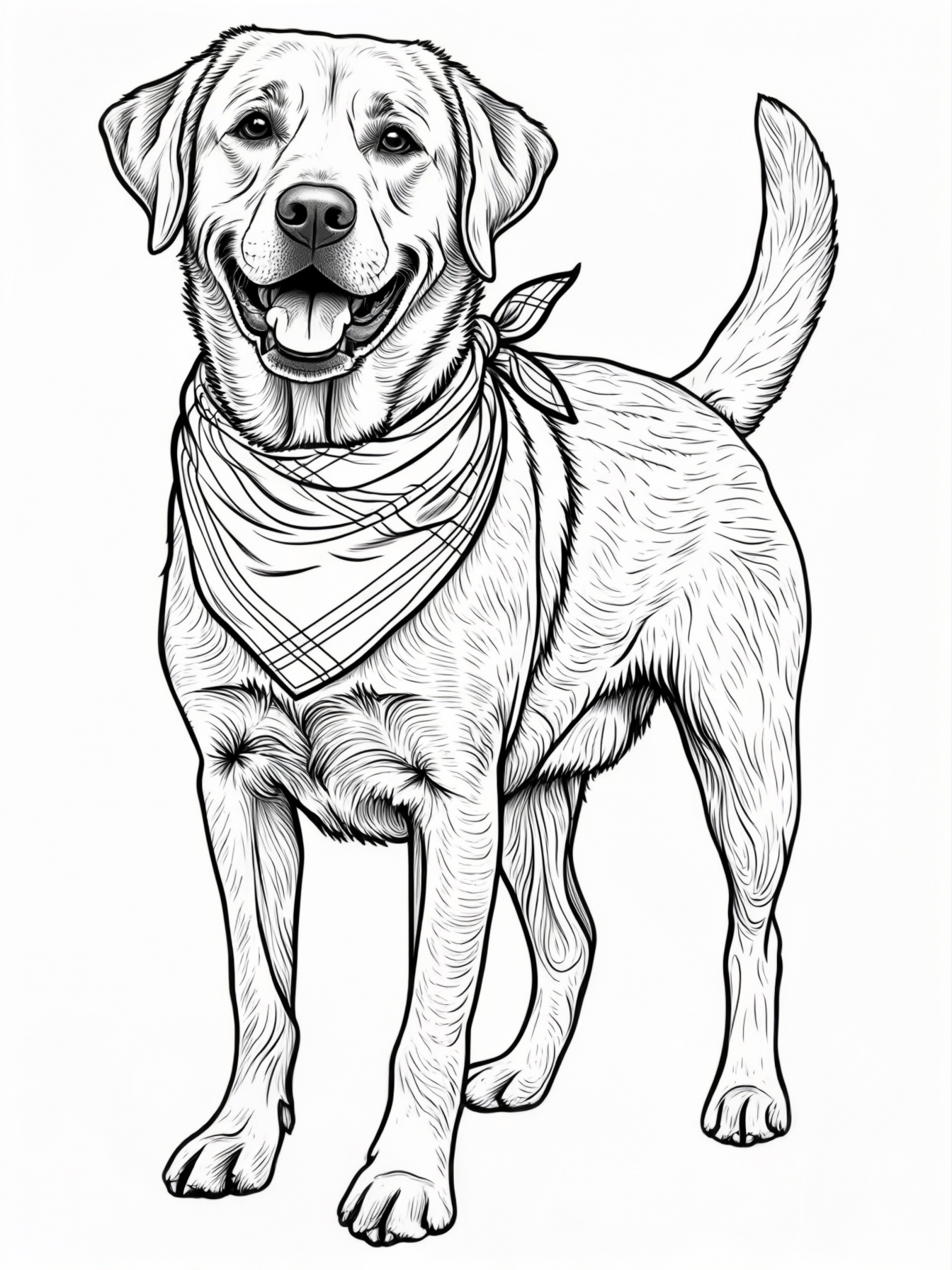 A Labrador Retriever wearing a bandana and wagging its tail.