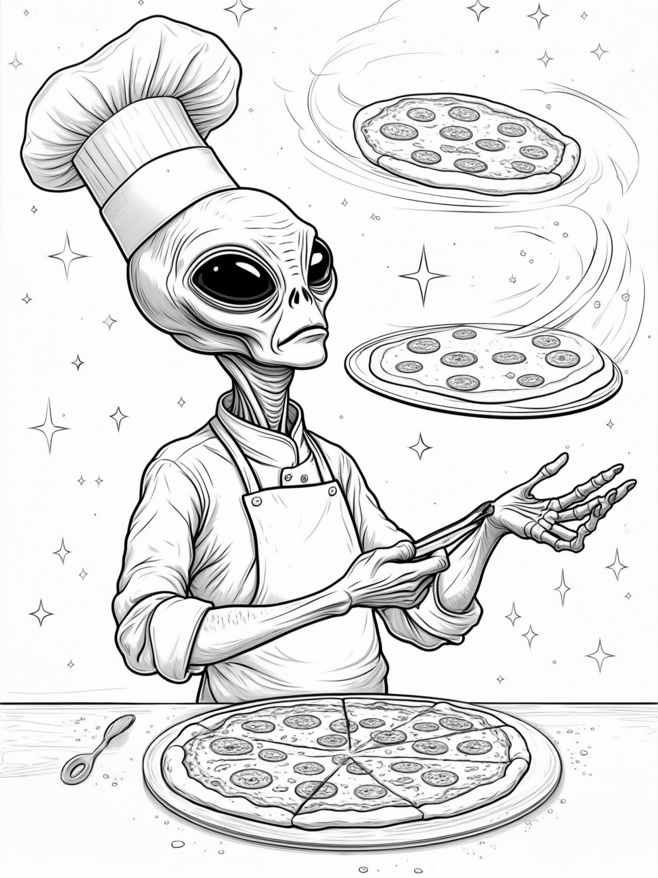 An alien chef tossing pizza dough high into the air with stars around