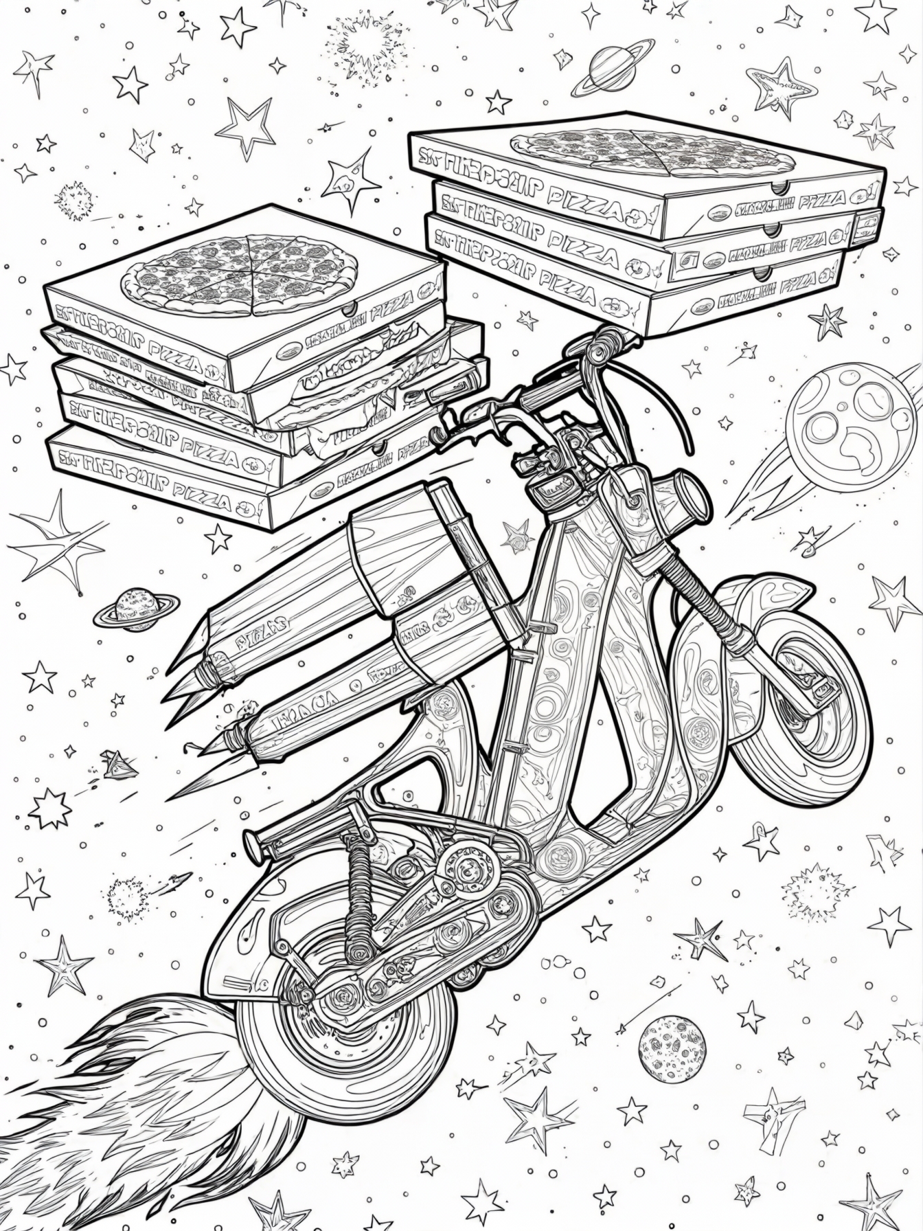 A rocket-powered scooter delivering pizza boxes across a starry sky