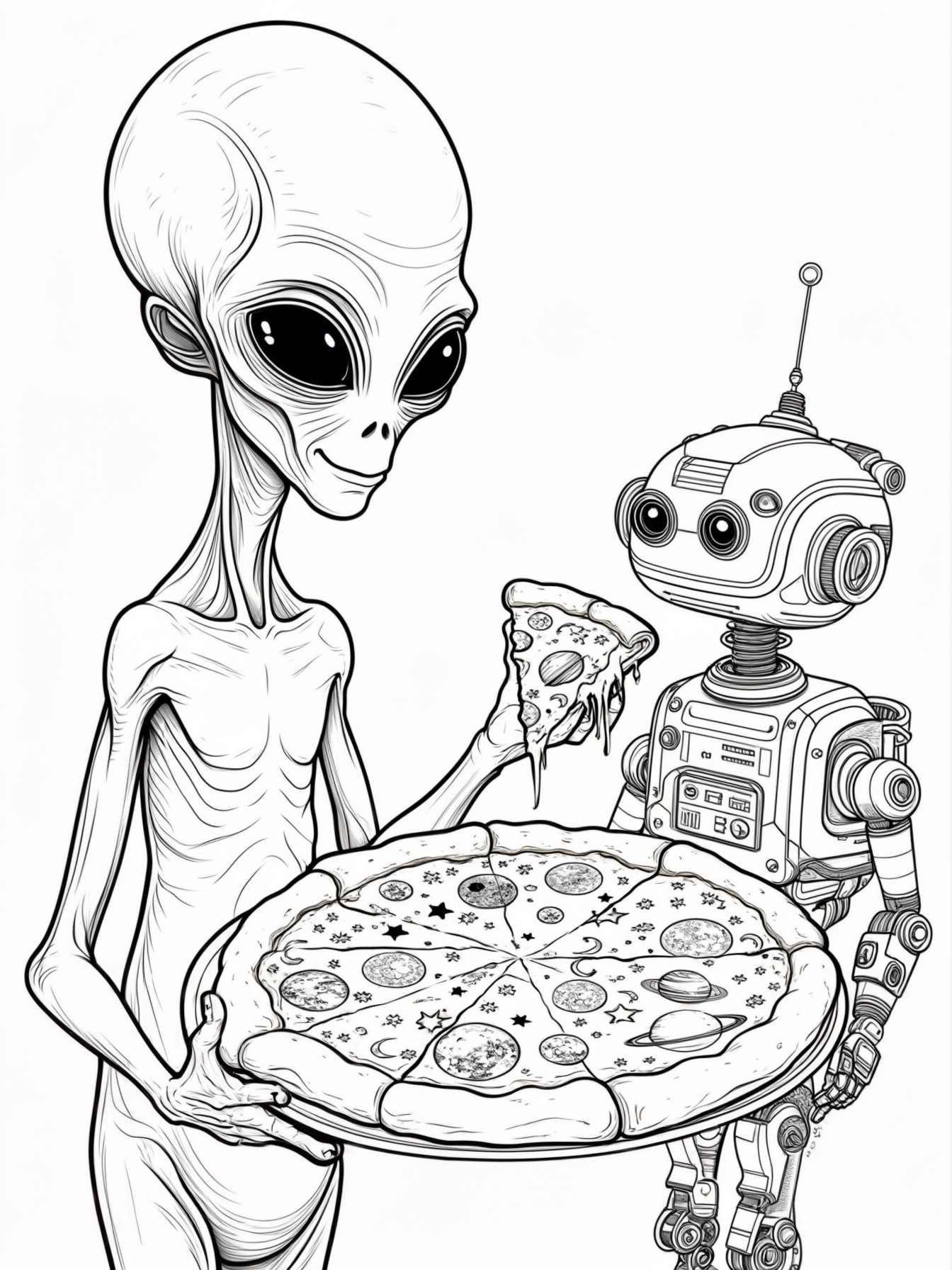 A friendly alien serving a slice of pizza with cosmic toppings to a small robot
