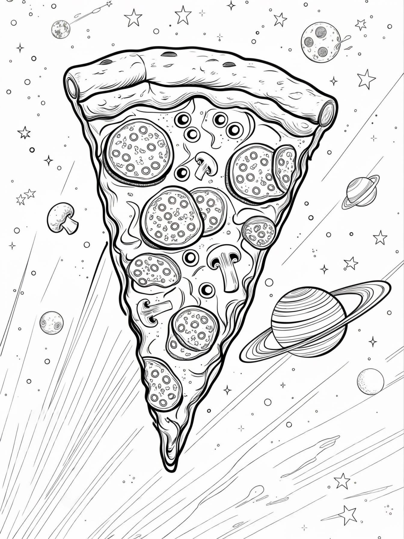 A spaceship in the shape of a giant pizza slice zooming through space