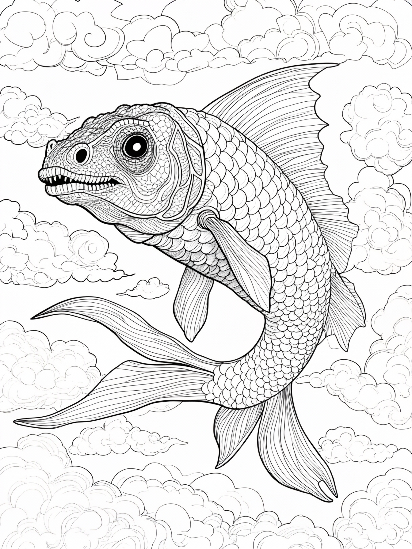 A playful hybrid of fish and dinosaur gliding through the clouds.