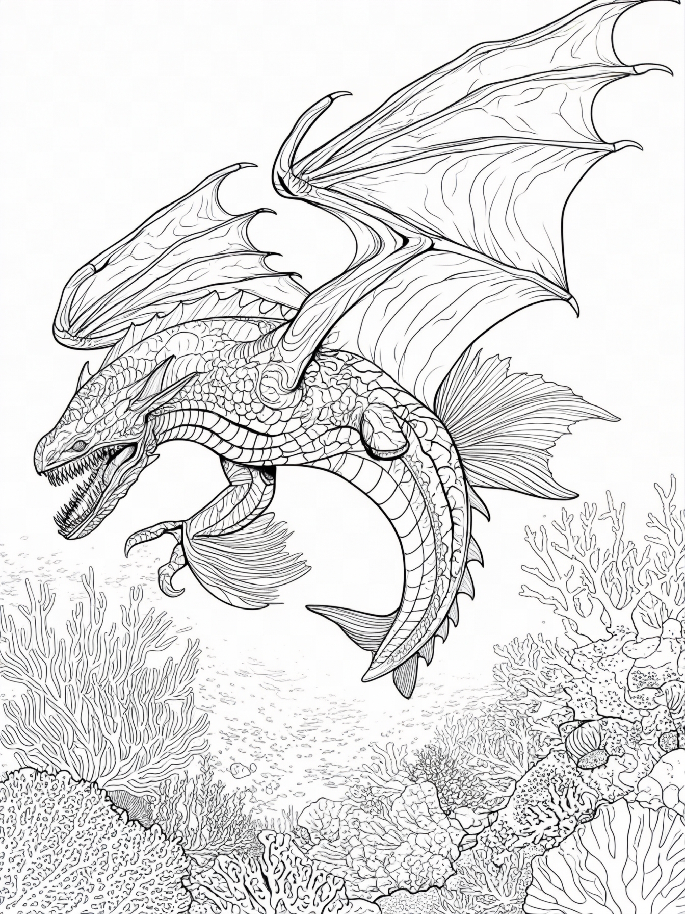 A colorful flying sea monster soaring over a coral reef.