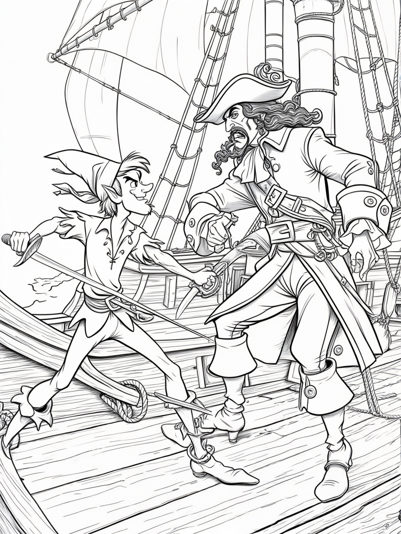 Illustrate the battle between Peter Pan and Captain Hook on the pirate ship.