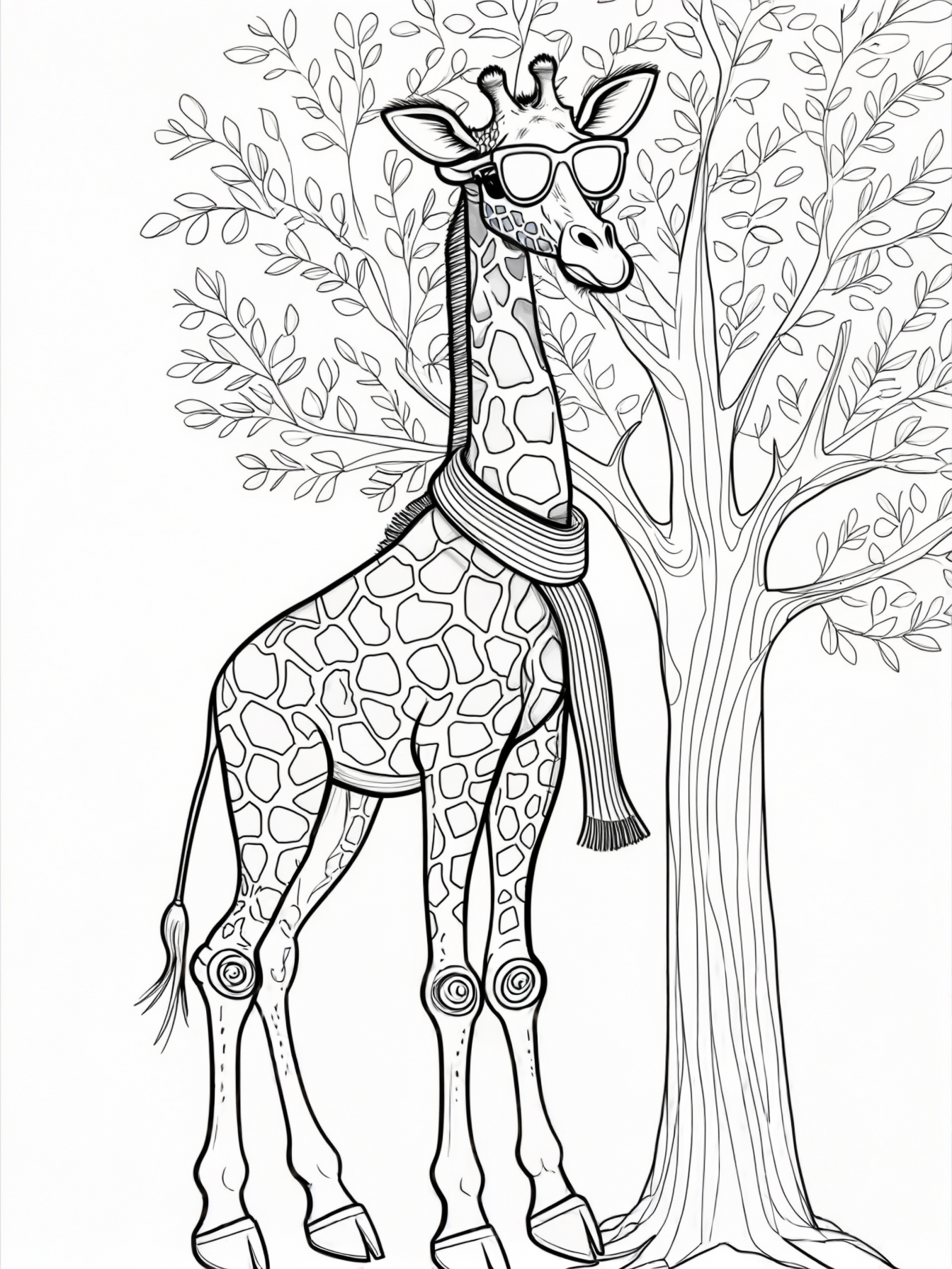 A funky giraffe wearing sunglasses and a striped scarf, standing next to a tall tree with simple leaves.