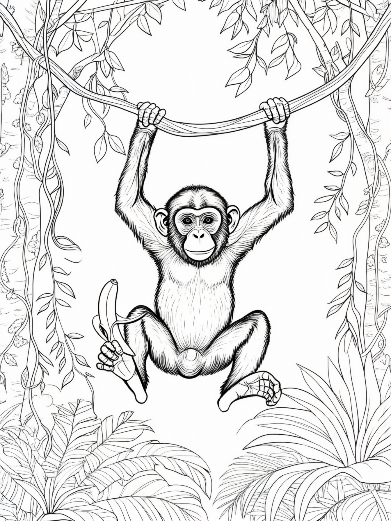 A playful monkey swinging from a vine holding a banana, with a simple jungle background of trees and vines.