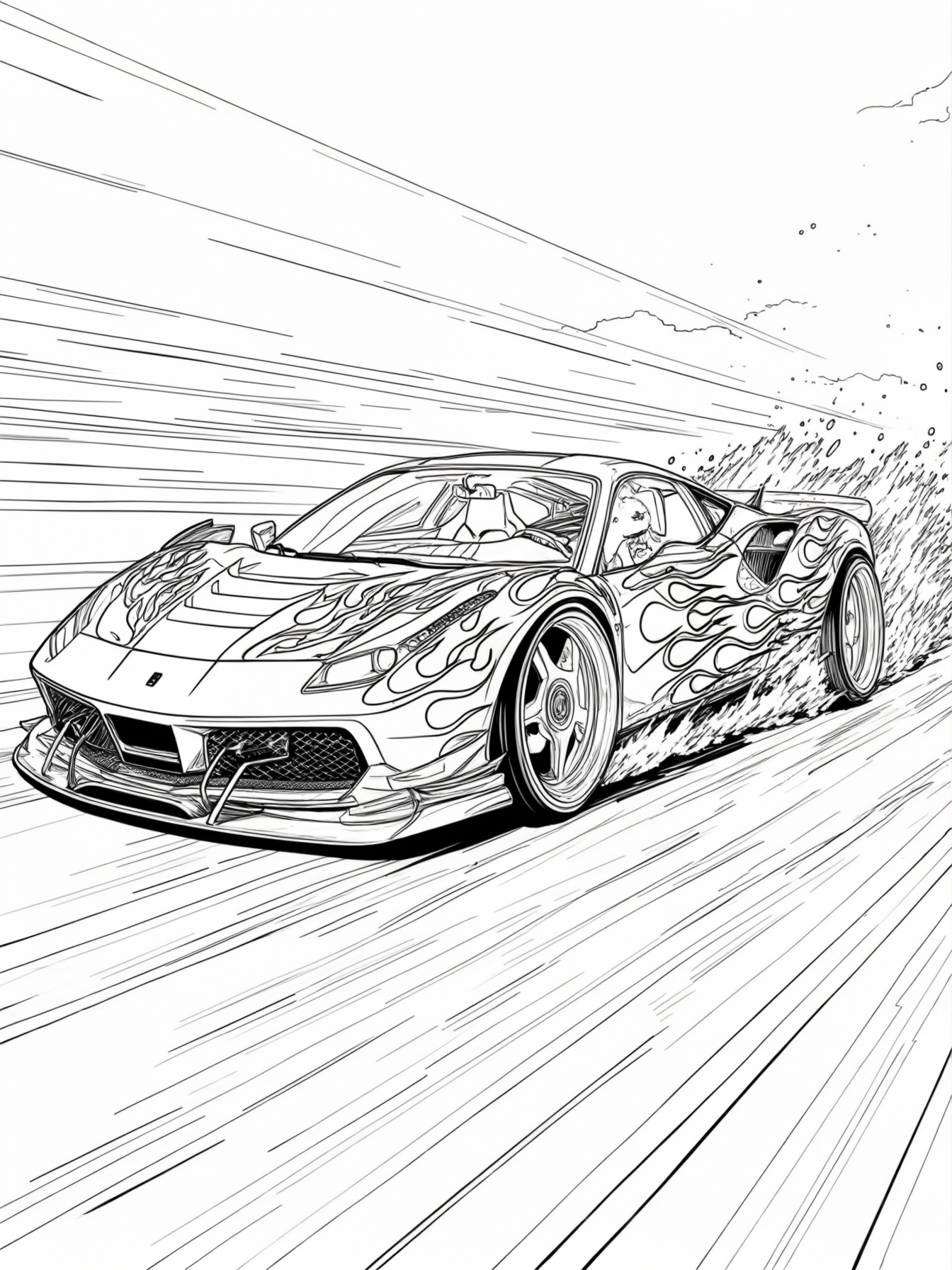 A cool sports car zooming down a road with large wheels and flames on the sides, with a clear sky above.