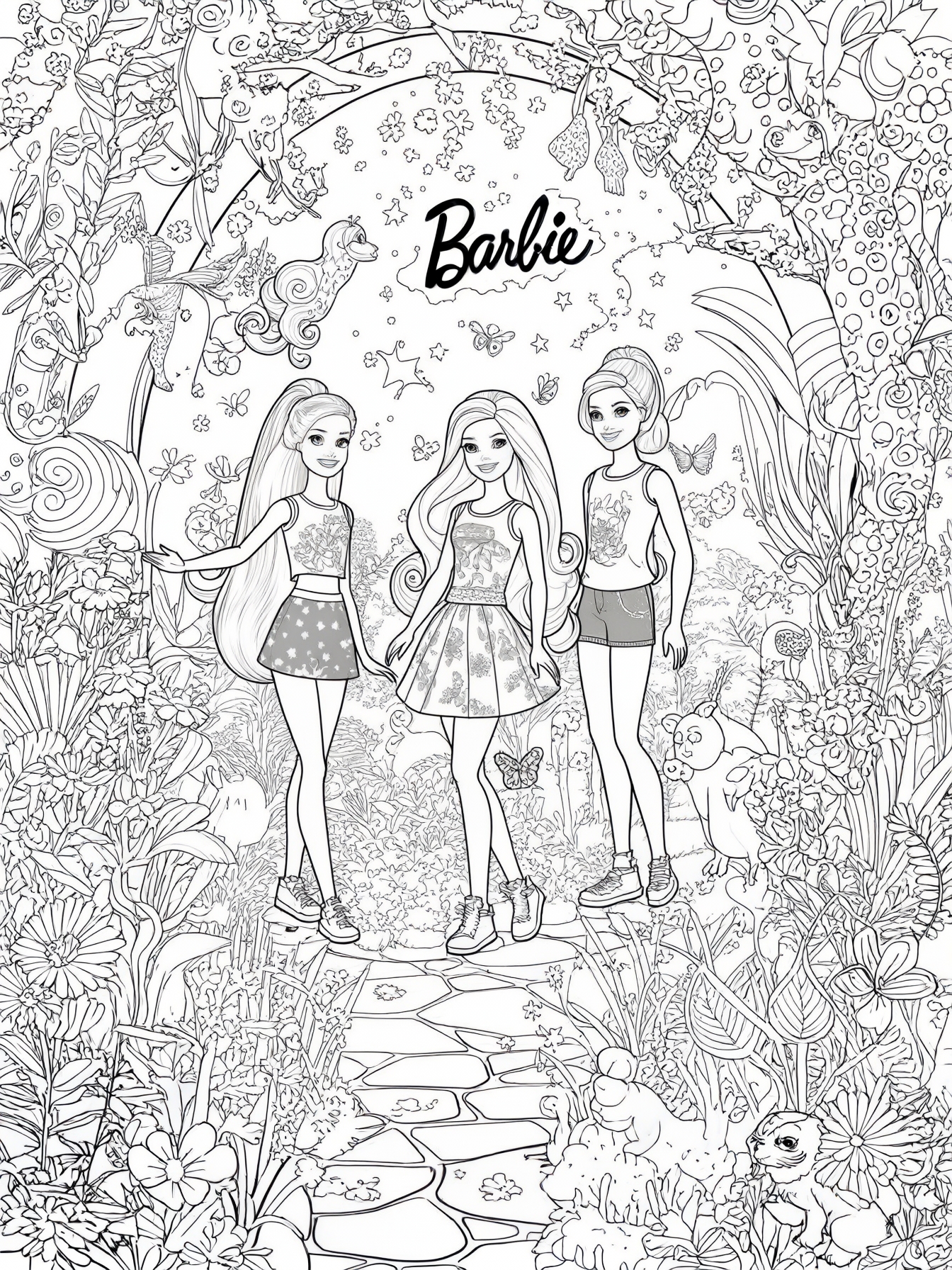 Imagine Barbie in a magical garden with her friends.