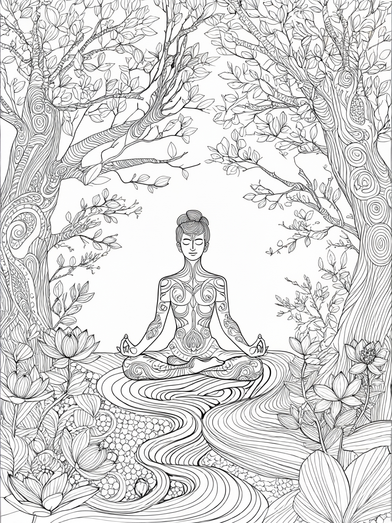 A figure meditating surrounded by nature