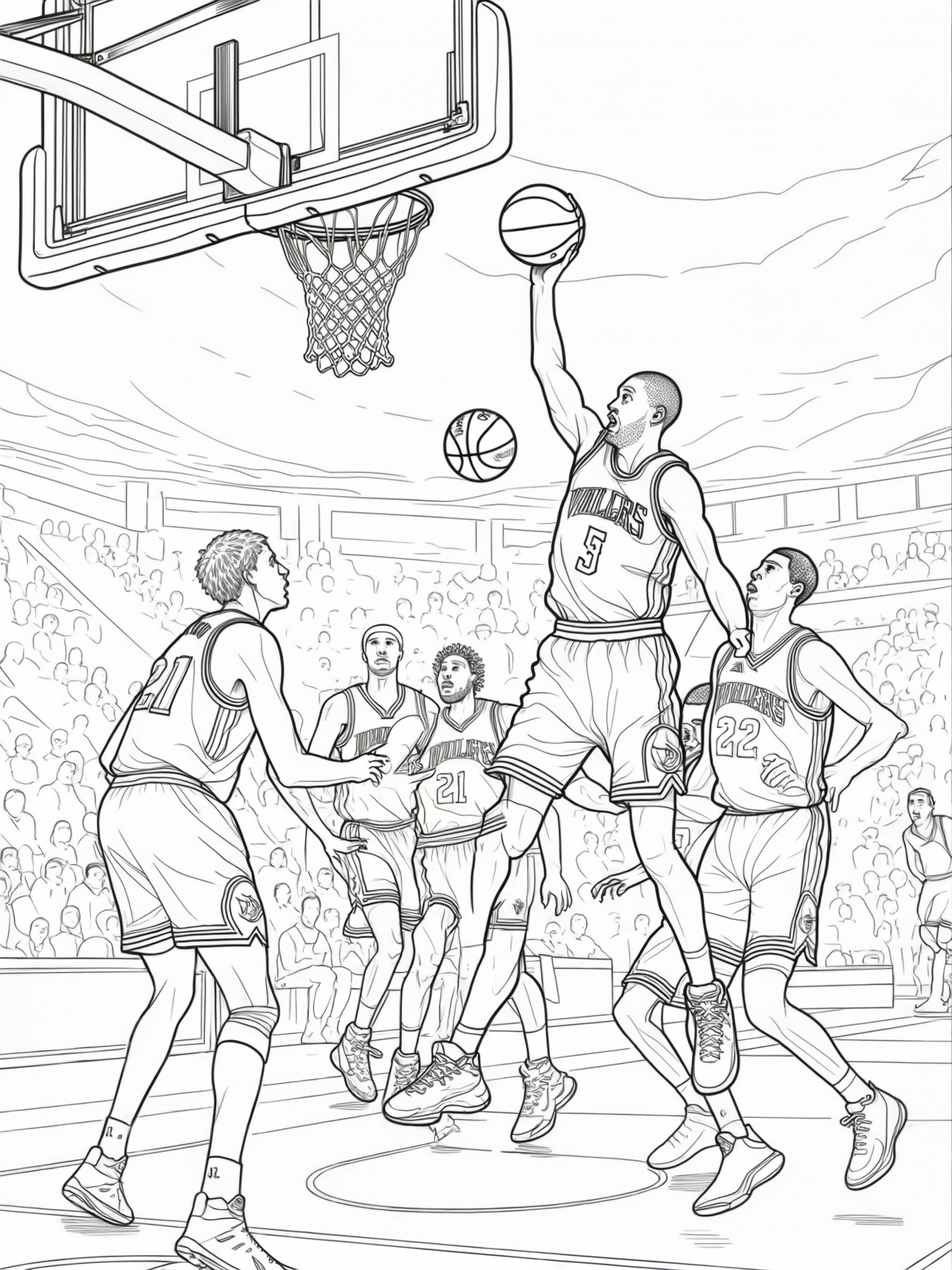 A thrilling basketball match with players scoring points.