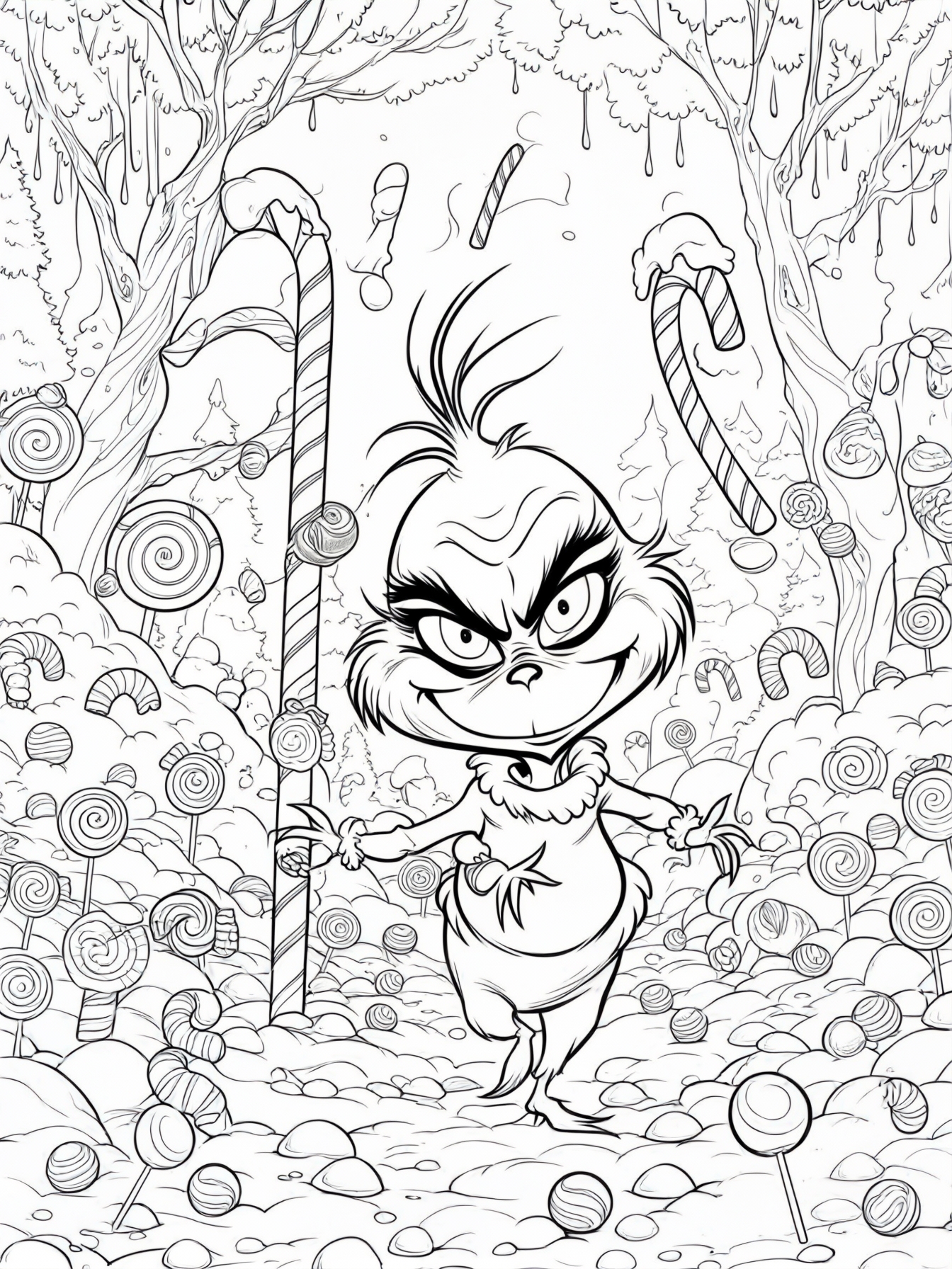 Baby Grinch navigating through a candy forest