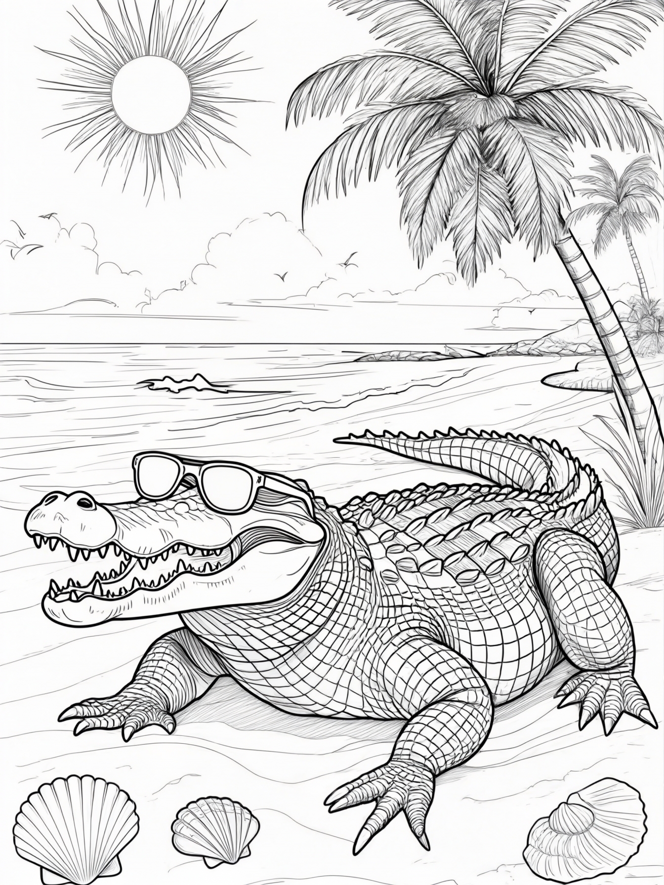 A crocodile wearing sunglasses on a sunny beach.