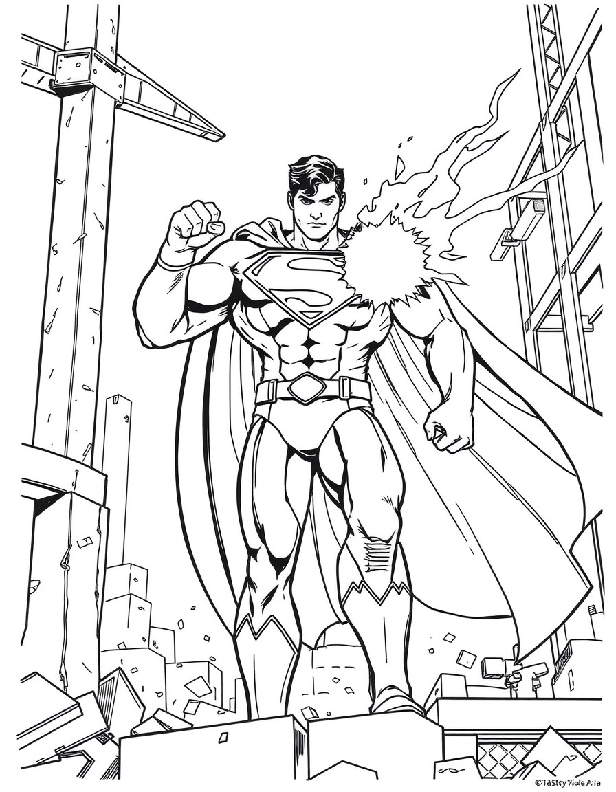 Superman using his heat vision to melt a steel beam in a construction site