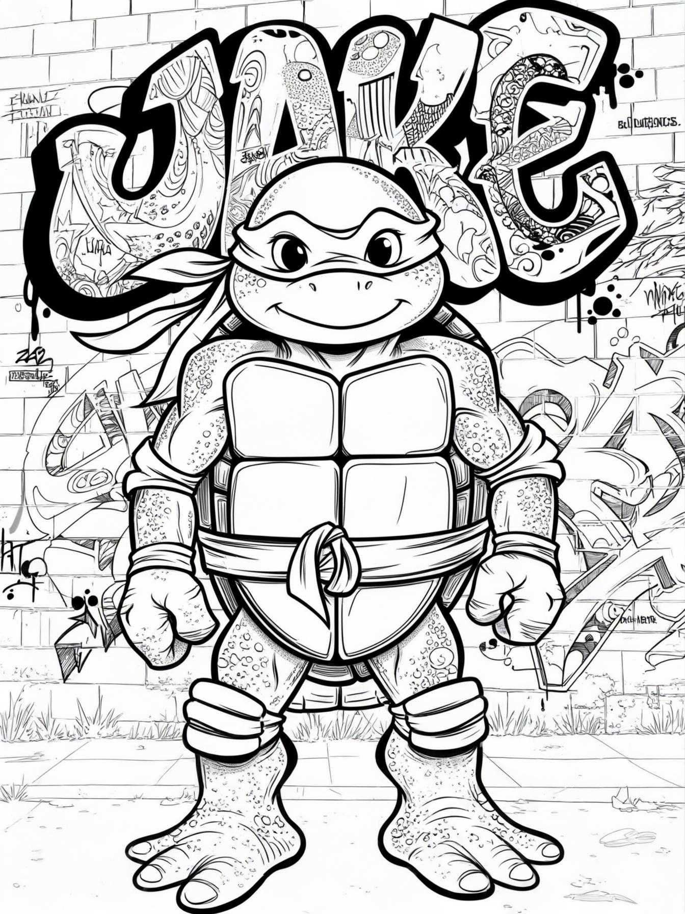 A cute ninja turtle standing in front of a wall that has the text 'Jake' spelled out in bold graffiti letters