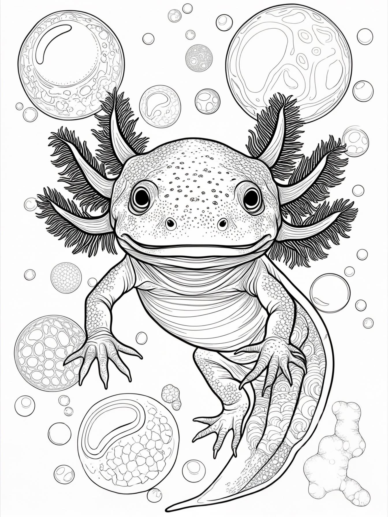 An axolotl playing with bubbles.