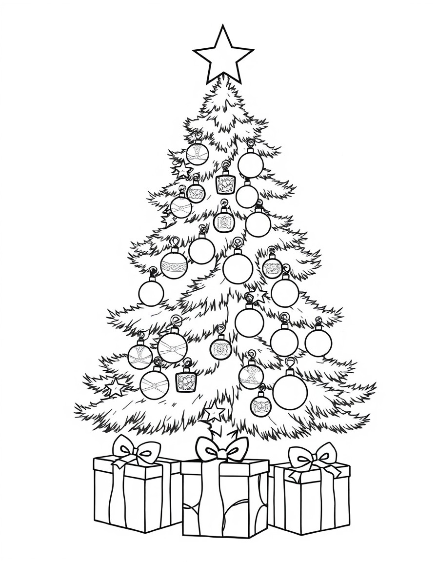 A decorated Christmas tree with ornaments, a star on top, and gift boxes underneath