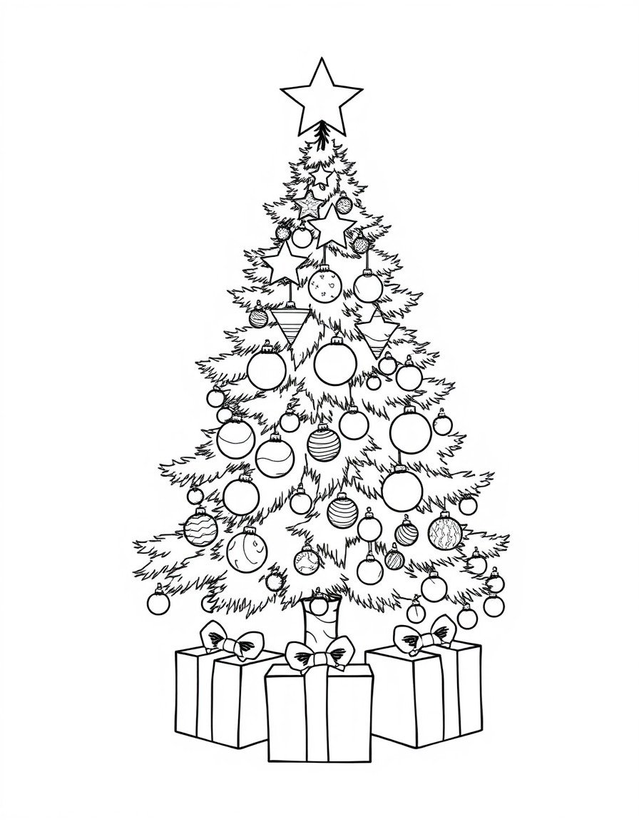 A decorated Christmas tree with ornaments, a star on top, and gift boxes underneath