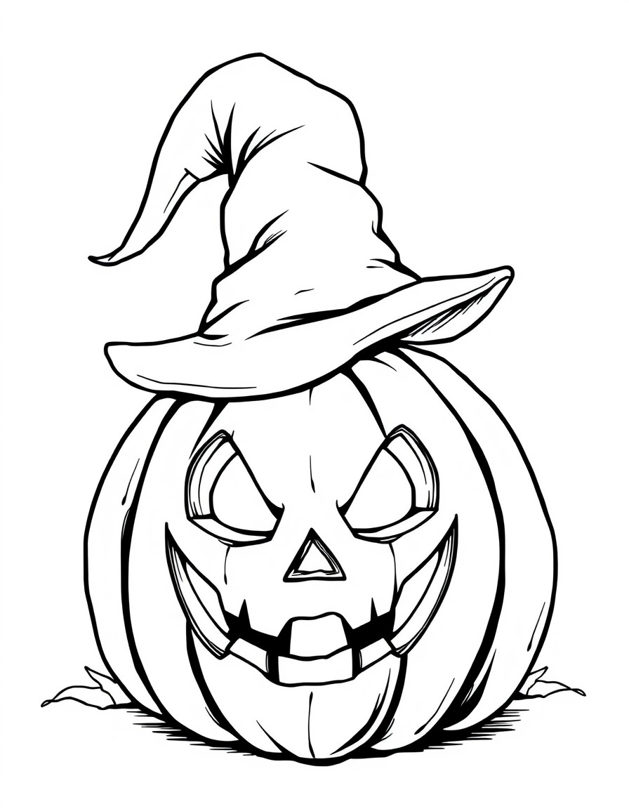 A spooky Halloween pumpkin with a carved face and a witch's hat on top