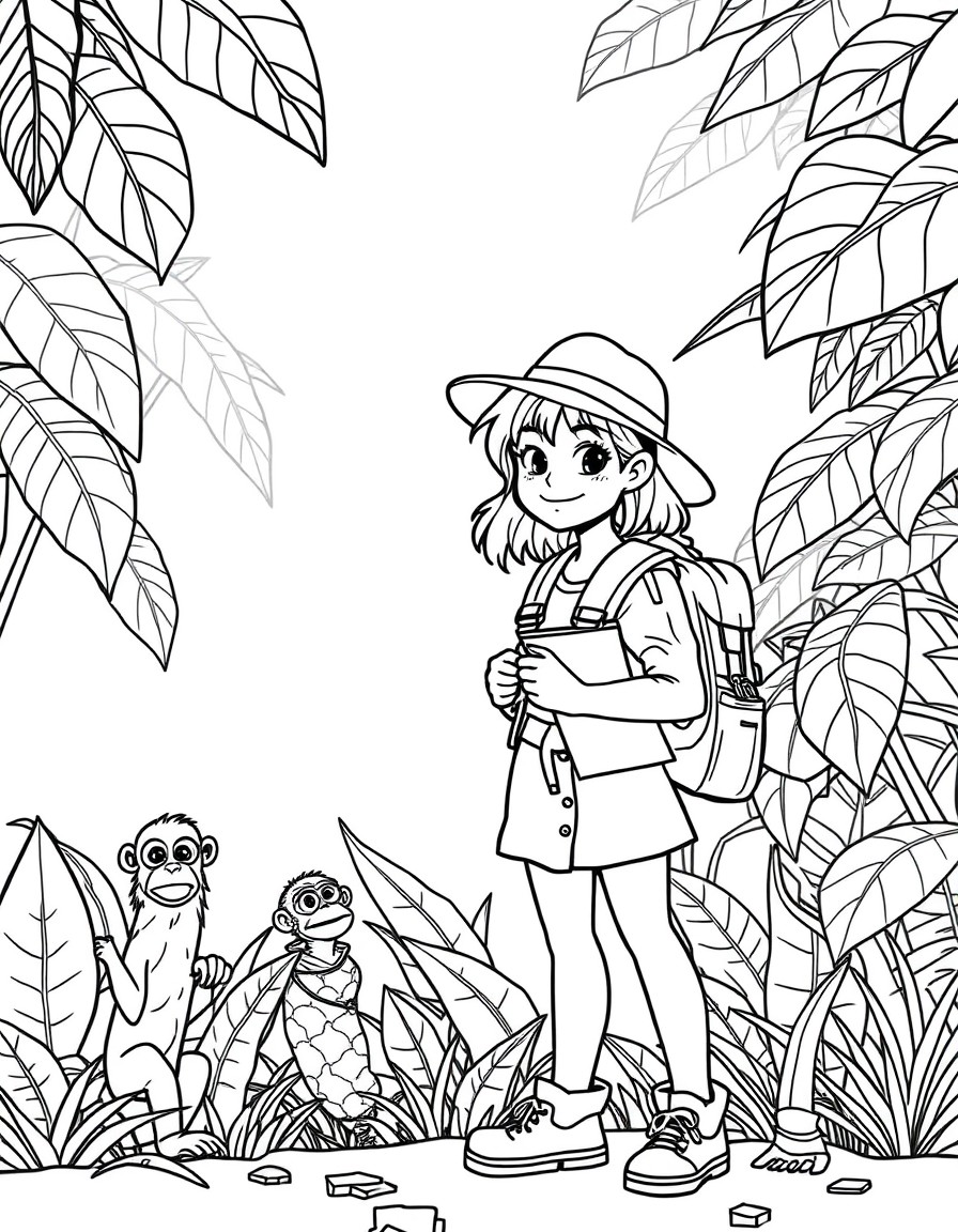 A girl explorer with a backpack and map, standing in front of a jungle with large leaves and a curious monkey.