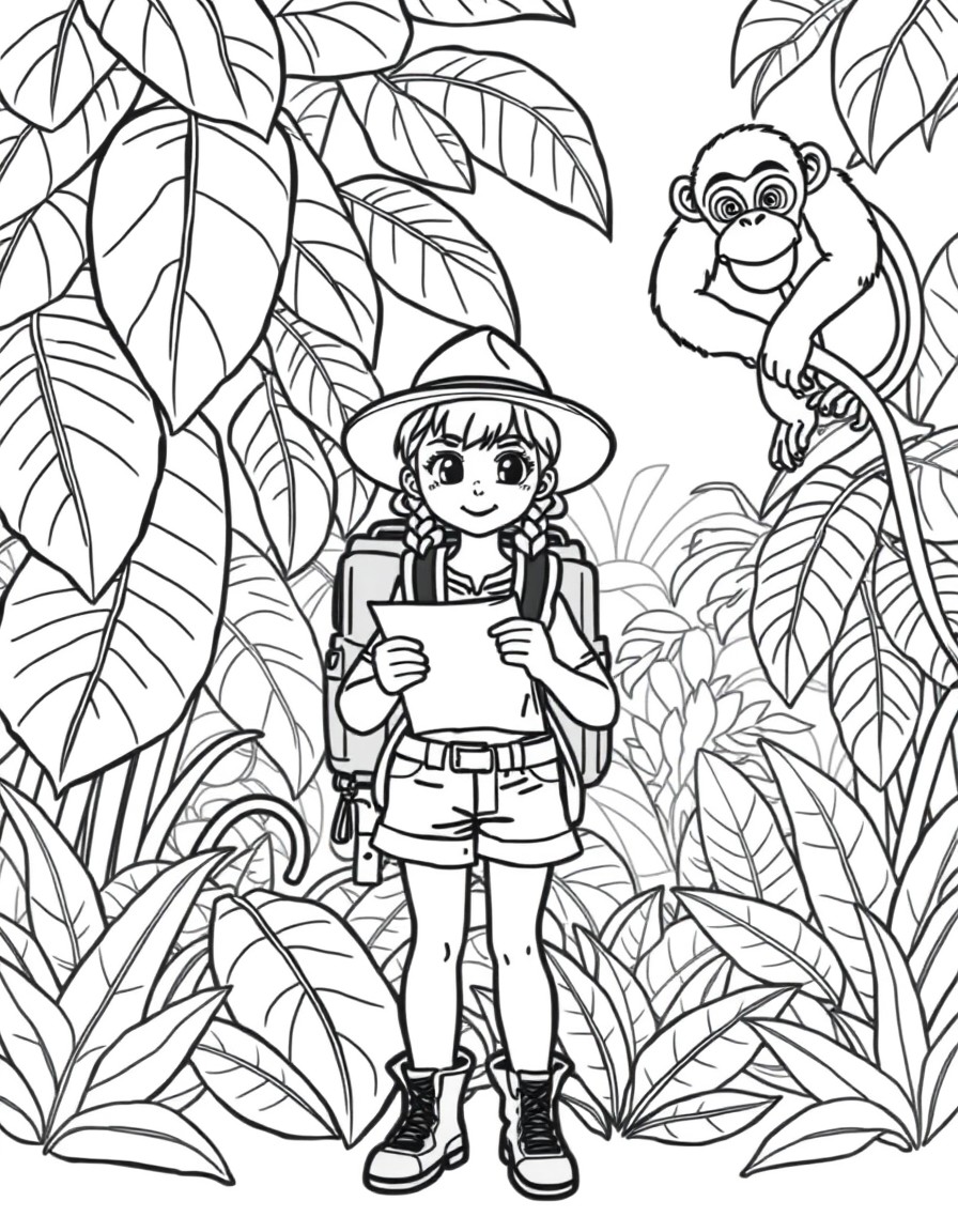 A girl explorer with a backpack and map, standing in front of a jungle with large leaves and a curious monkey.