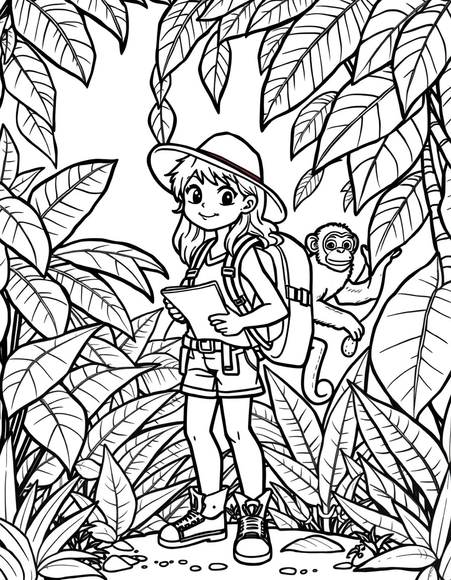 A girl explorer with a backpack and map, standing in front of a jungle with large leaves and a curious monkey.