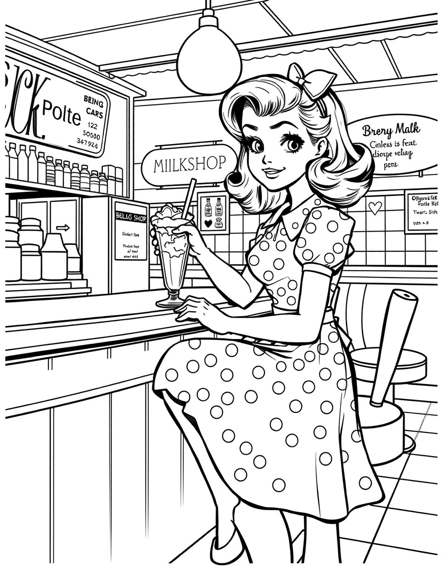 A girl from the 1940s in a polka dot dress, sitting at a vintage soda shop counter with a classic milkshake.