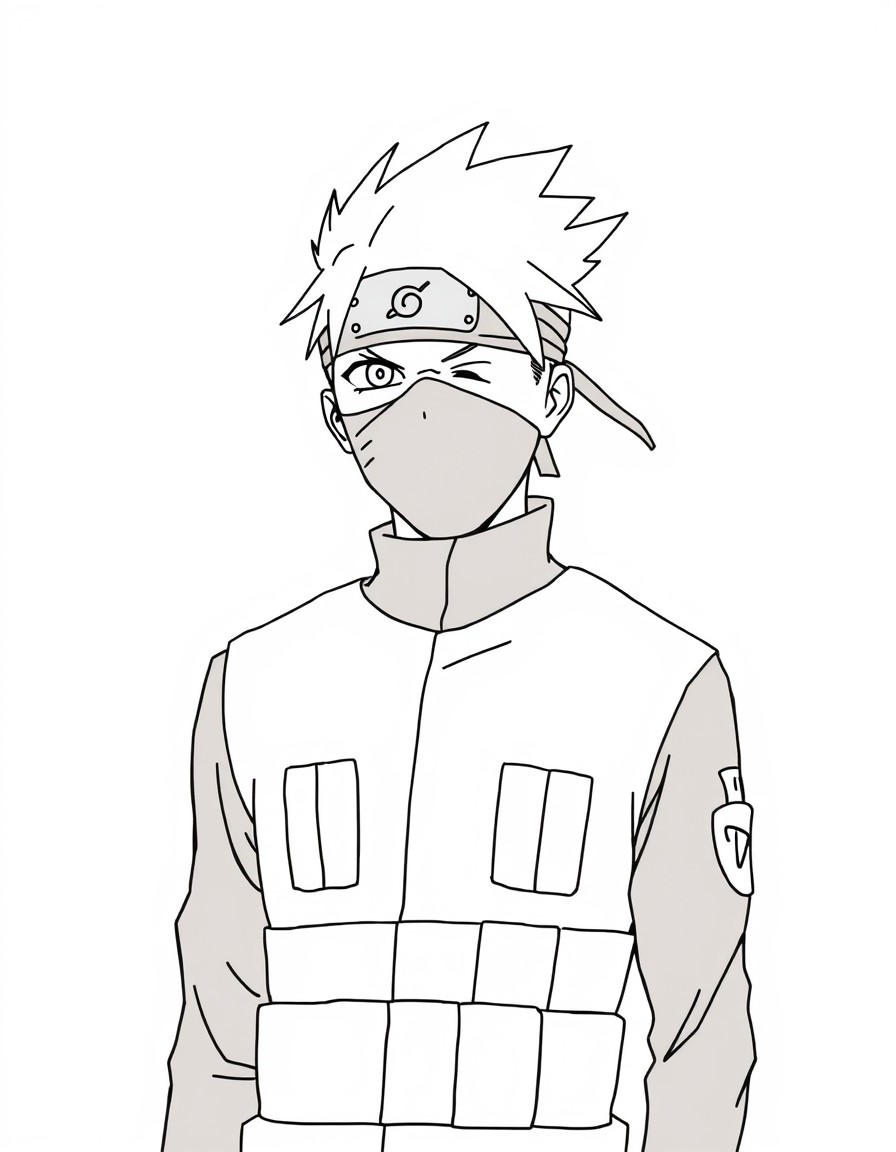 Kakashi standing coolly with his mask and headband covering one eye