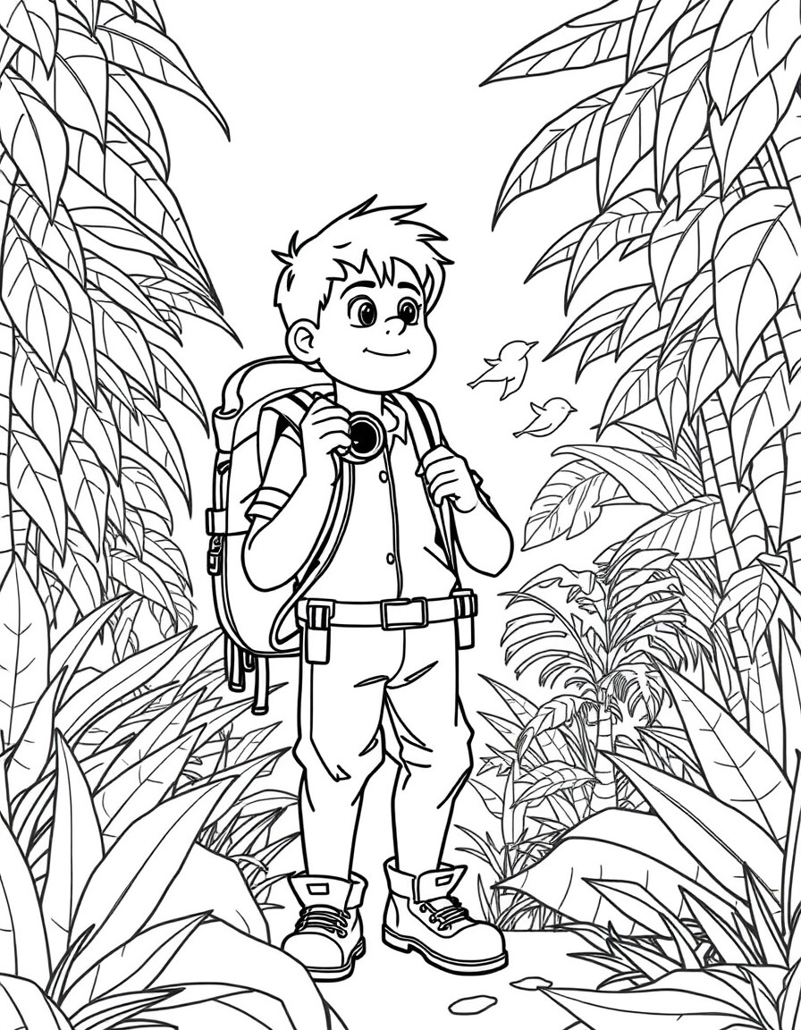 Ken exploring a jungle with a backpack and binoculars