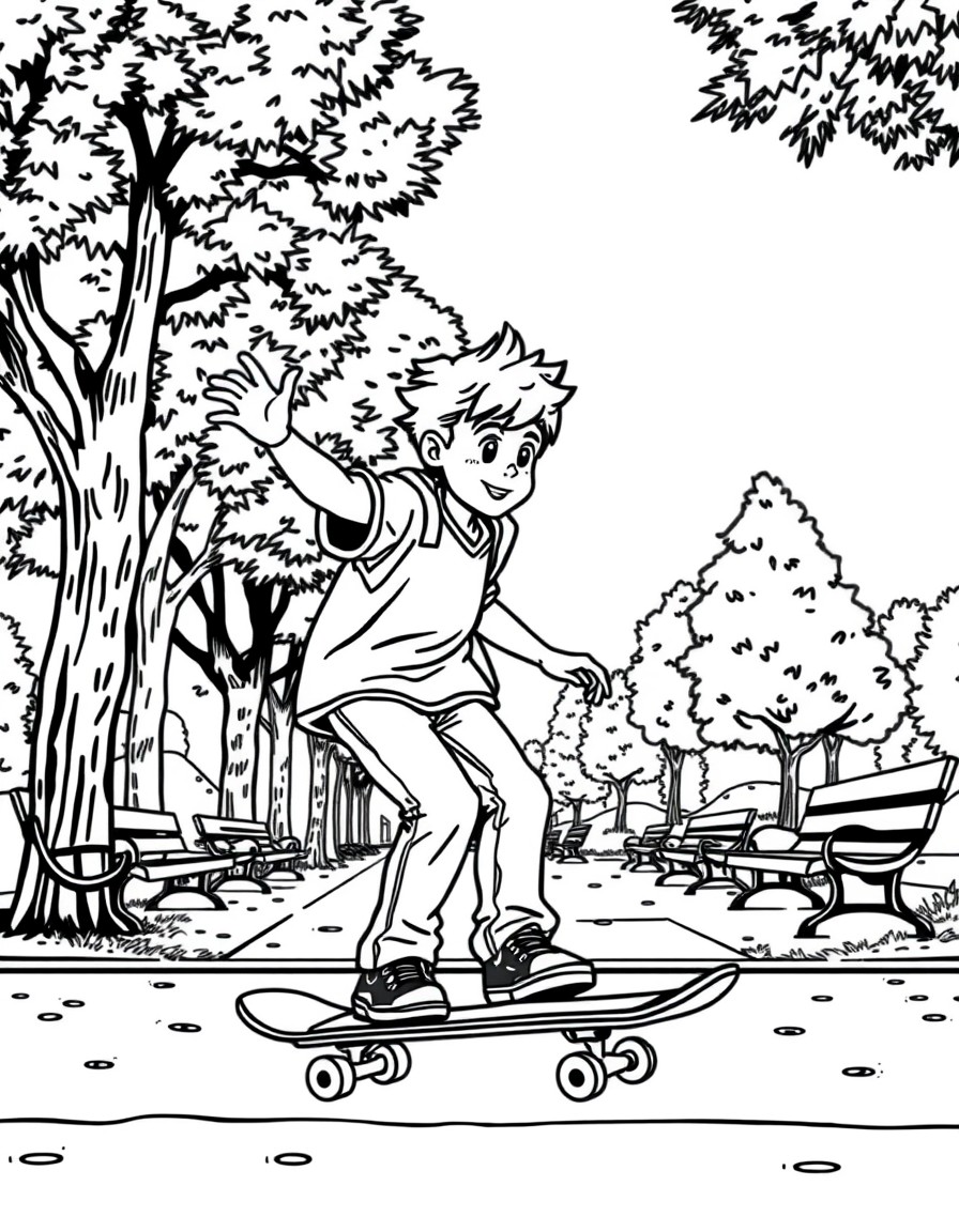 Ken riding a skateboard in a park with trees and benches