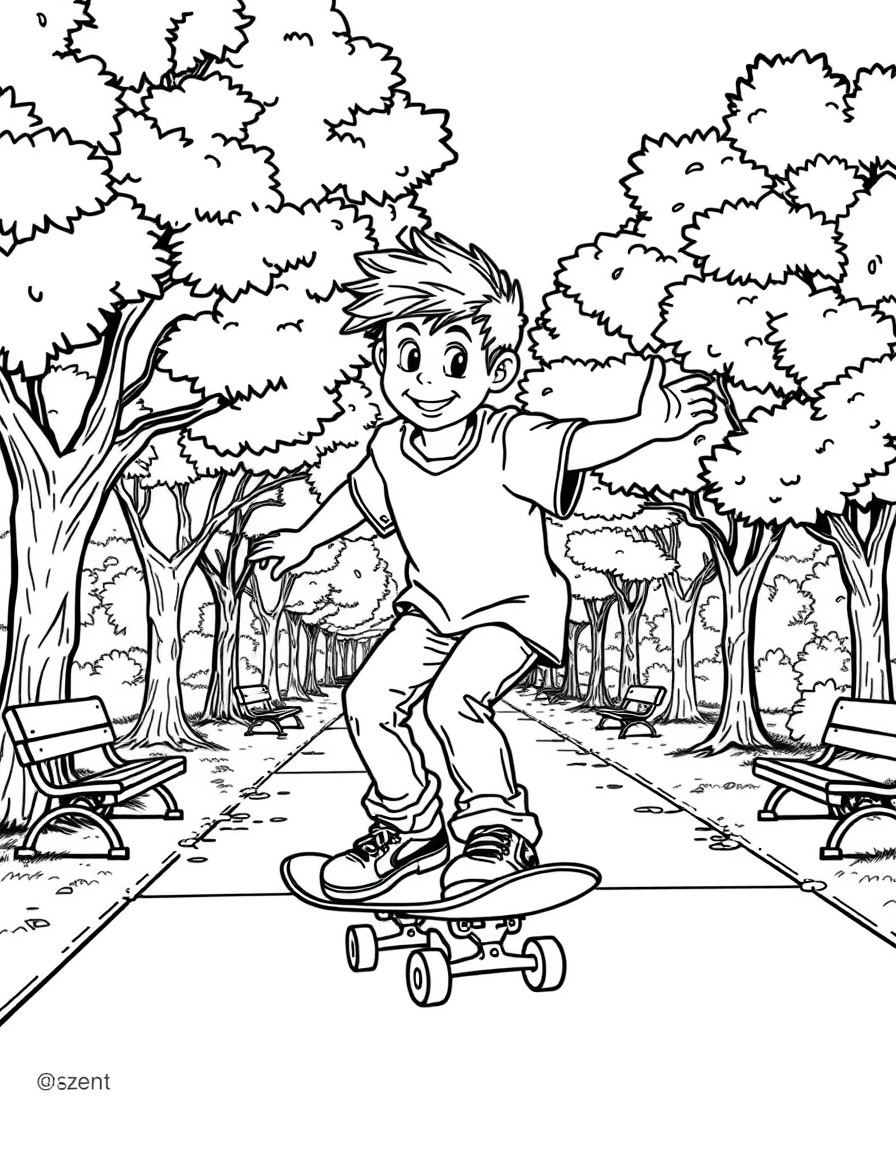 Ken riding a skateboard in a park with trees and benches