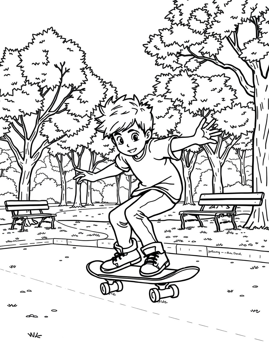 Ken riding a skateboard in a park with trees and benches