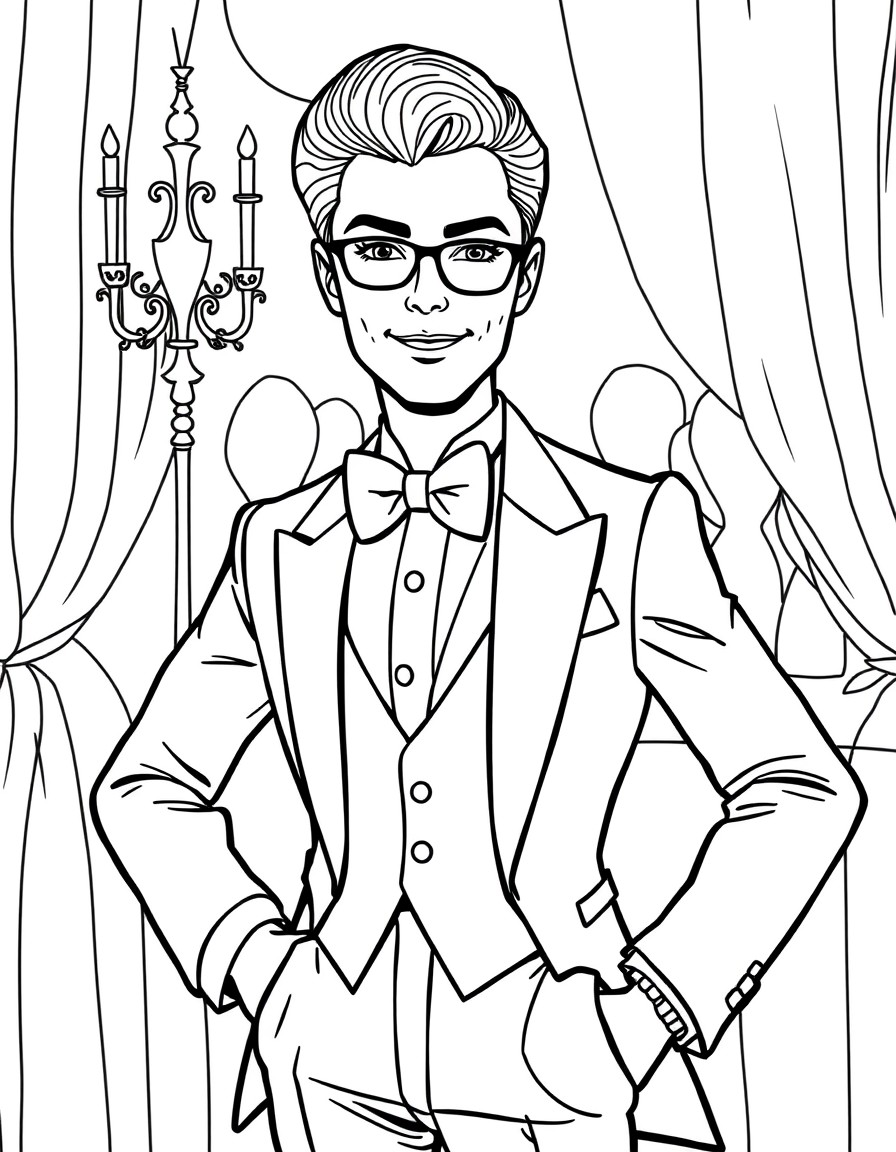 Ken from barbie and Ken wearing a tuxedo, posing confidently at a fancy party