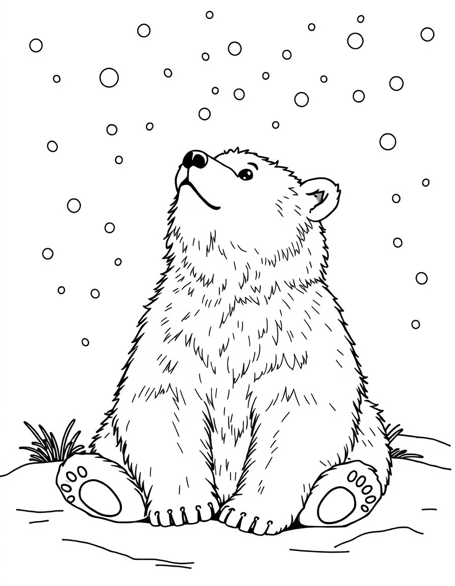 A fluffy polar bear sitting in the snow, looking up at falling snowflakes.
