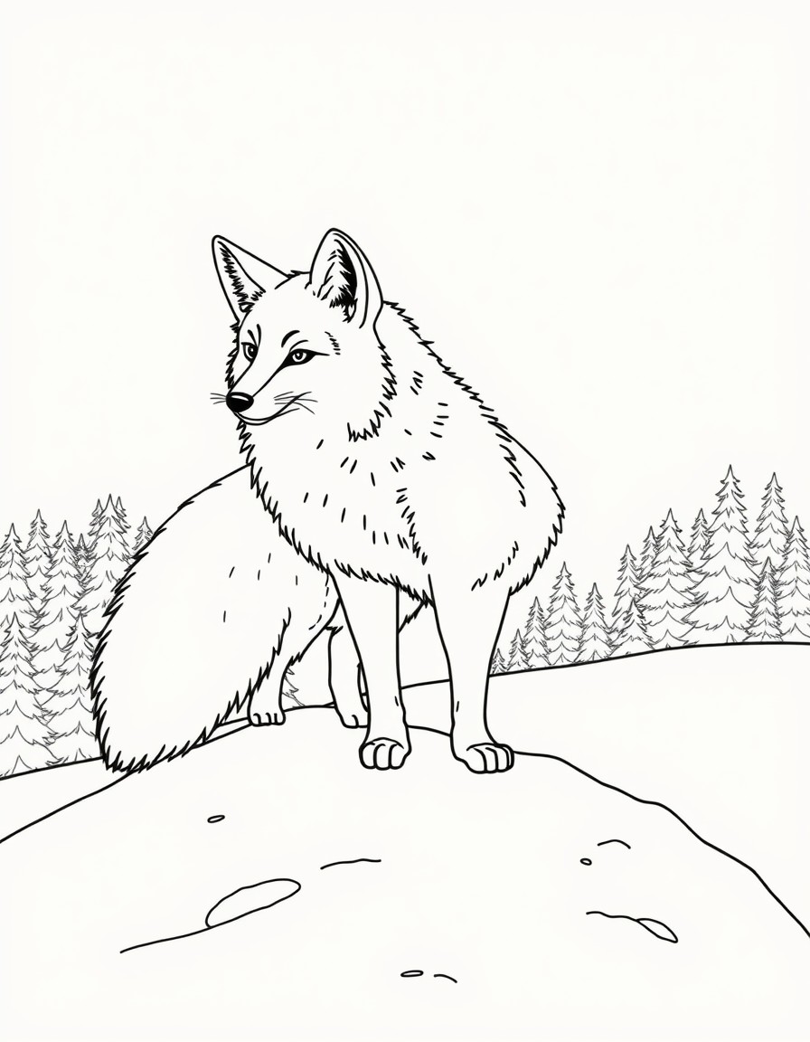 An arctic fox with a bushy tail, standing on a snowy hill with a forest in the background.