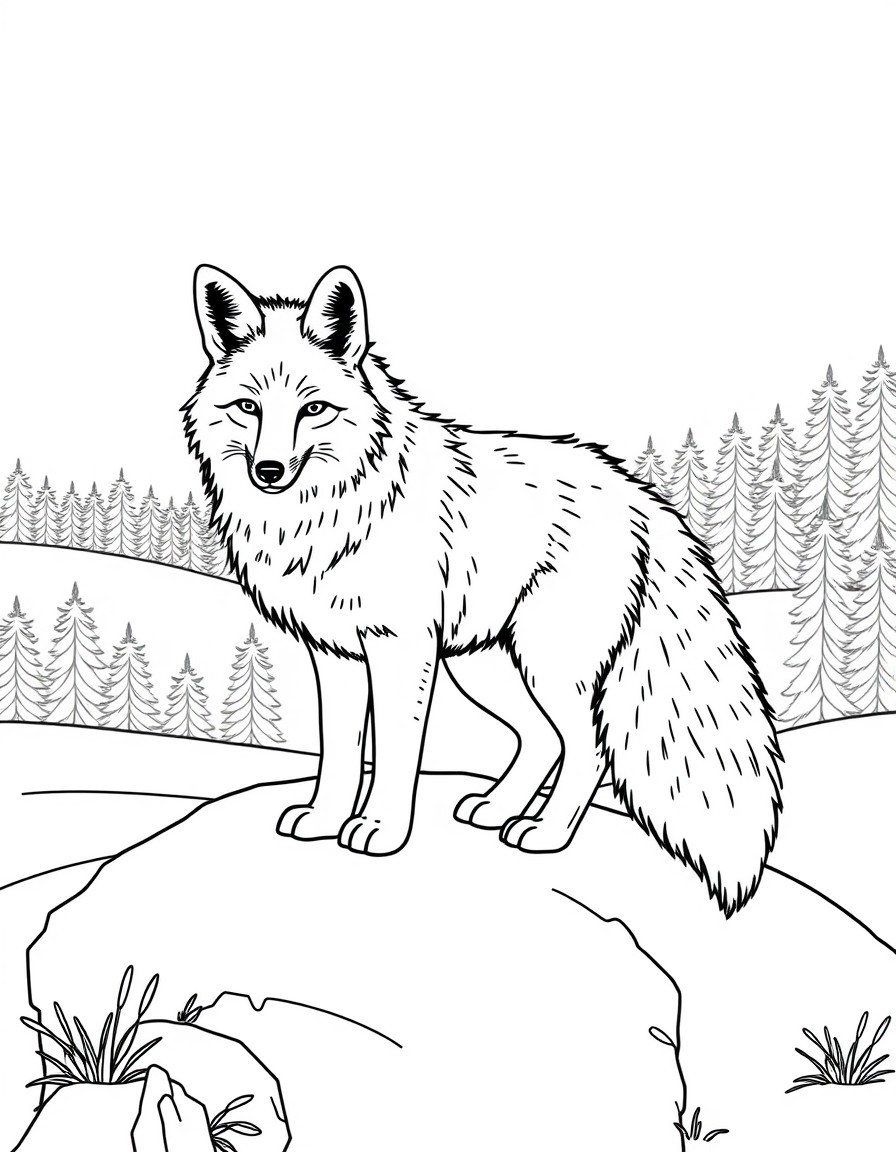 An arctic fox with a bushy tail, standing on a snowy hill with a forest in the background.