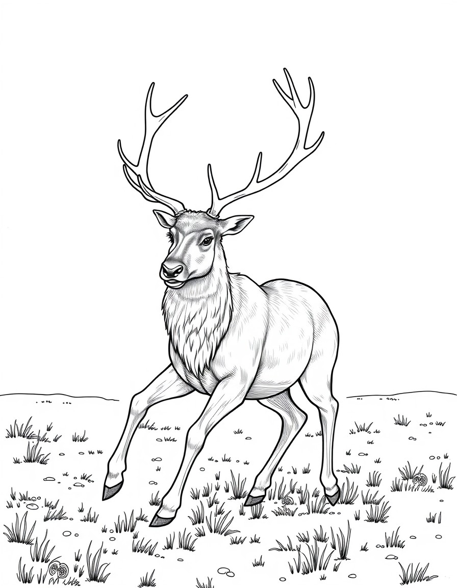 A graceful reindeer with impressive antlers, prancing through a snow-covered field.