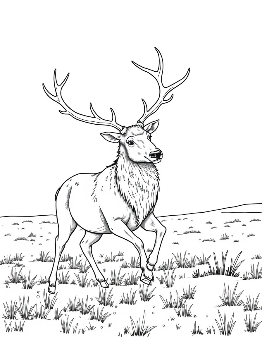 A graceful reindeer with impressive antlers, prancing through a snow-covered field.