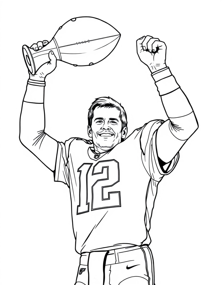 Tom Brady holding a football trophy triumphantly in both hands.