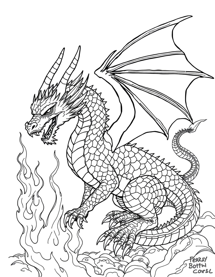 A complex scene of a dragon with scales, wings, and fire, full of tiny details.