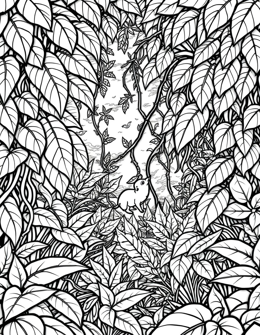 A highly detailed jungle scene with leaves, vines, and small animals hidden within.