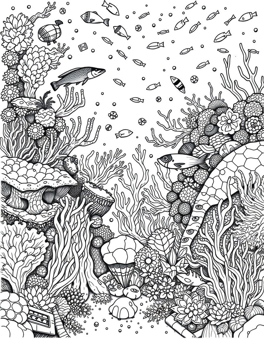 An intricate underwater scene featuring a coral reef with diverse sea creatures and plants.