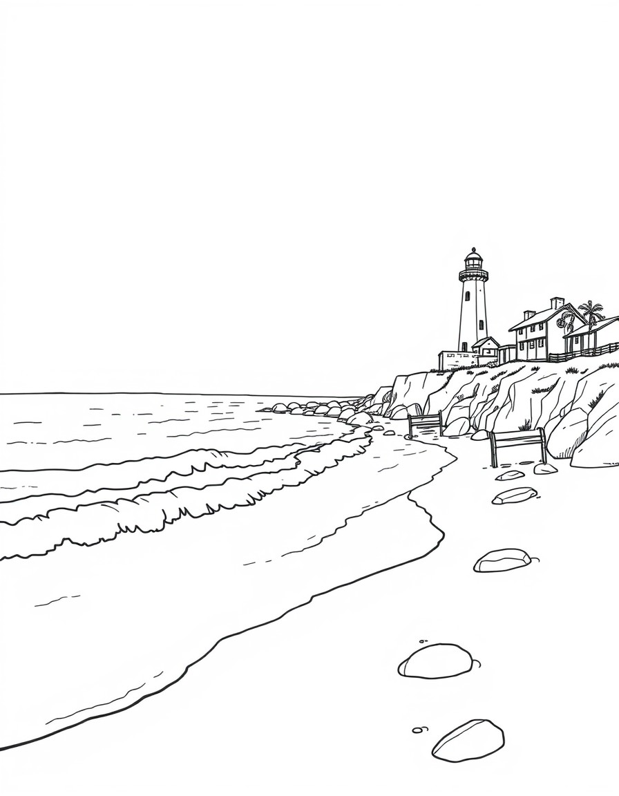 A serene beach with gentle waves and a lighthouse in the distance