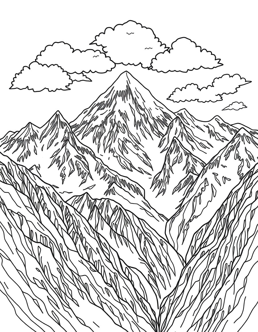 A majestic mountain range with snow-capped peaks and fluffy clouds