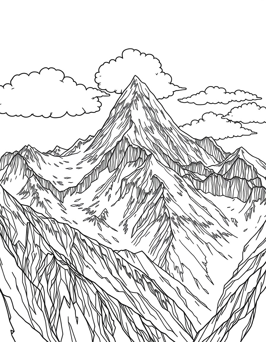 A majestic mountain range with snow-capped peaks and fluffy clouds