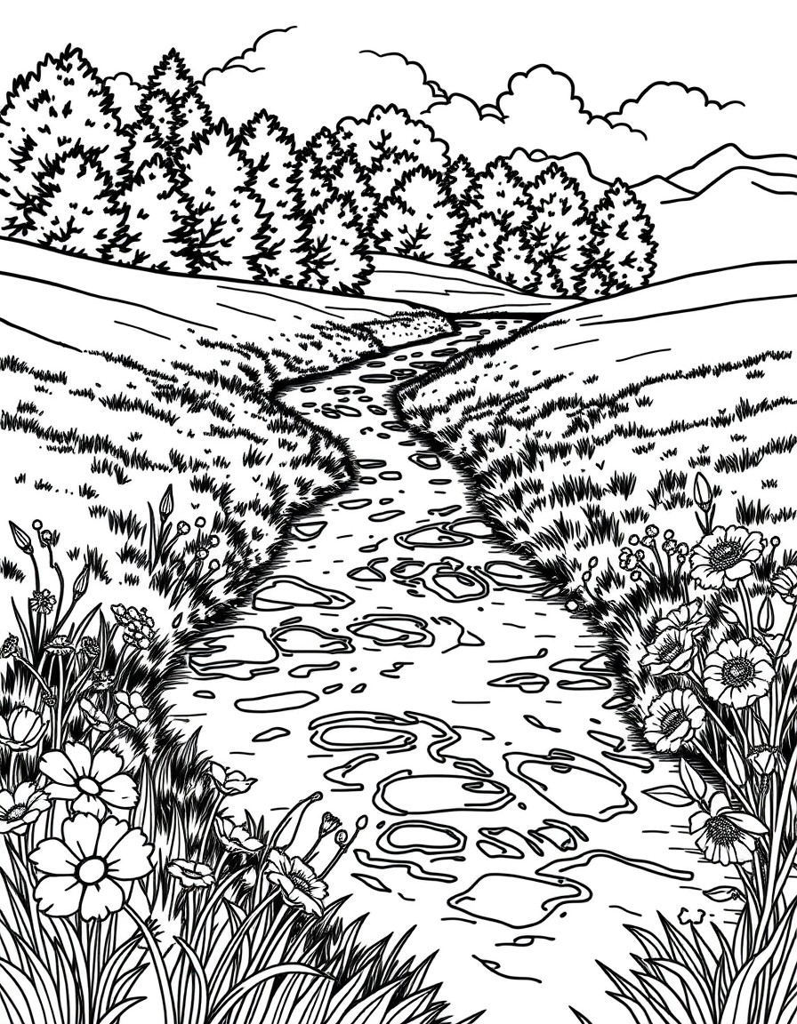 A peaceful river flowing through a meadow with flowers along the banks