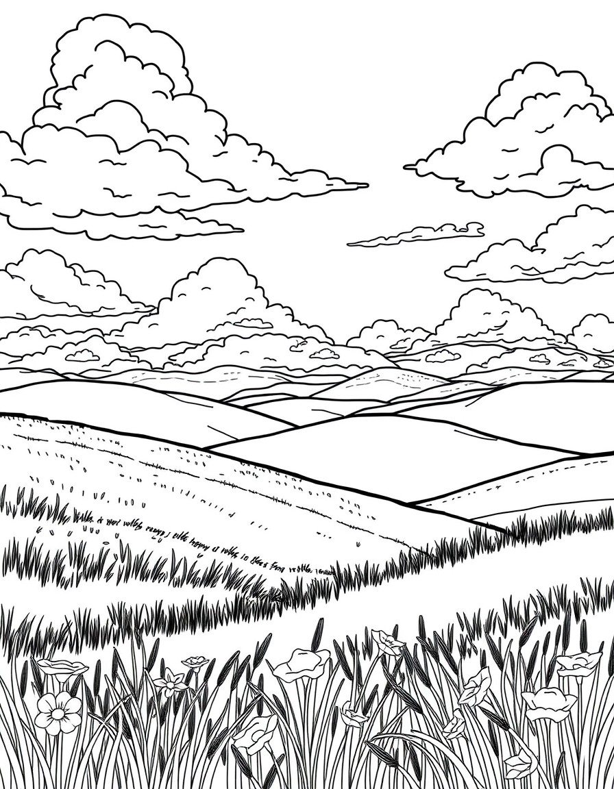 A vibrant meadow with rolling hills and a clear sky filled with fluffy clouds