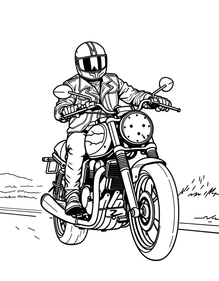 A cool motorcycle rider wearing a helmet and leather jacket, cruising down an open road.